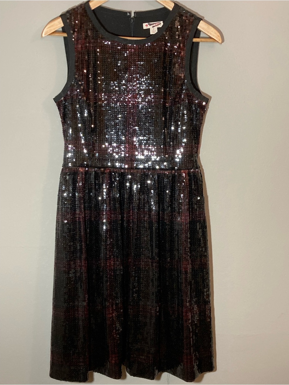 Sequin Sleeveless Cocktail Dress - Black with Subtle Burgundy Plaid Pattern